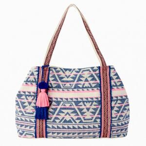 Women's Woven Beach Tote Bag Pink Aztec with Tassels